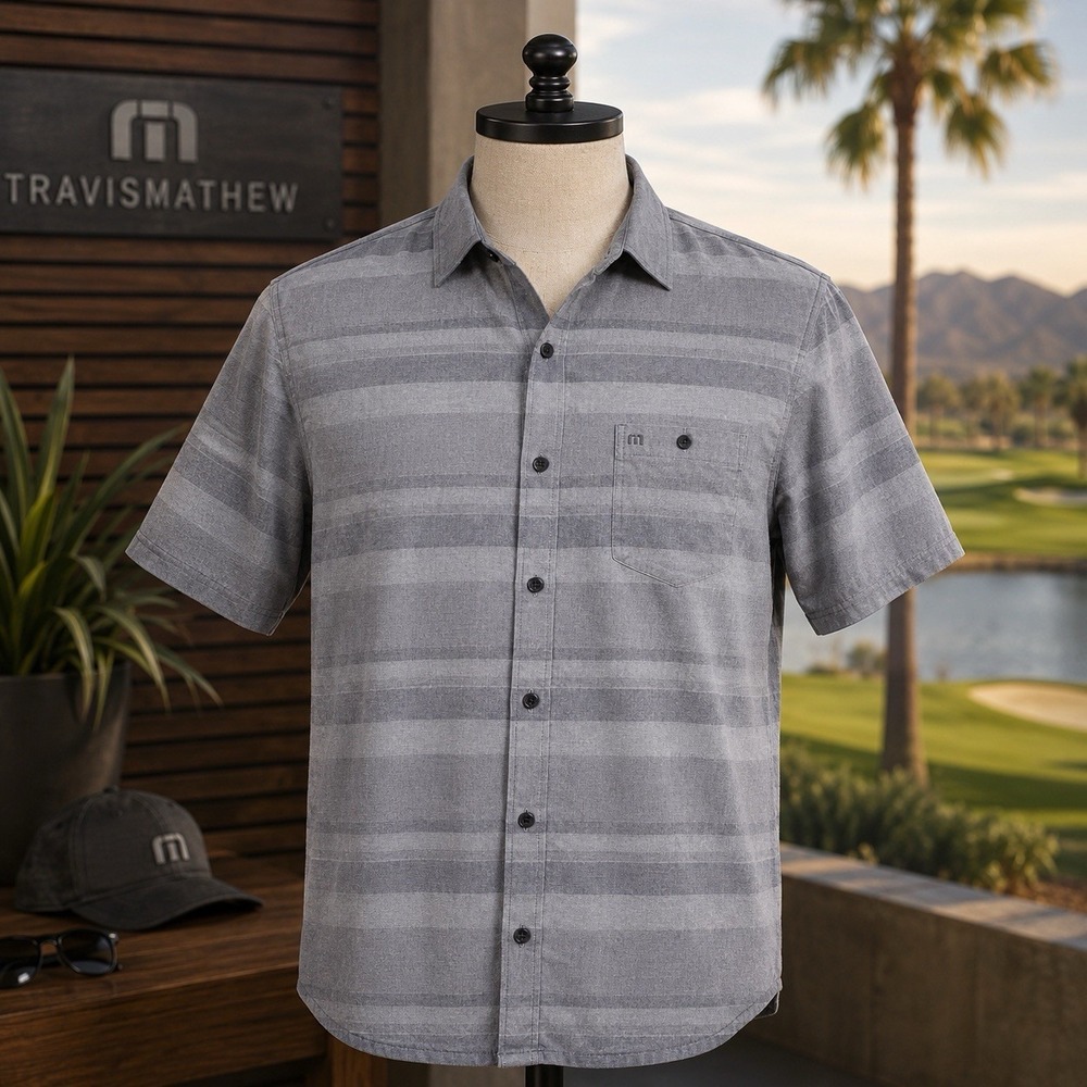 TravisMathew Mens Large Gray Stripe Button Up Shirt Short Sleeve Golf Casual